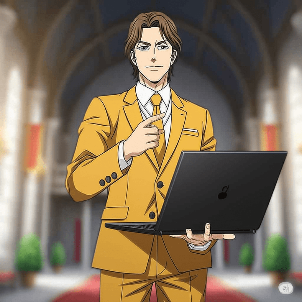 ノートパソコン片手にポーズをキメているユキオ先生の画像。