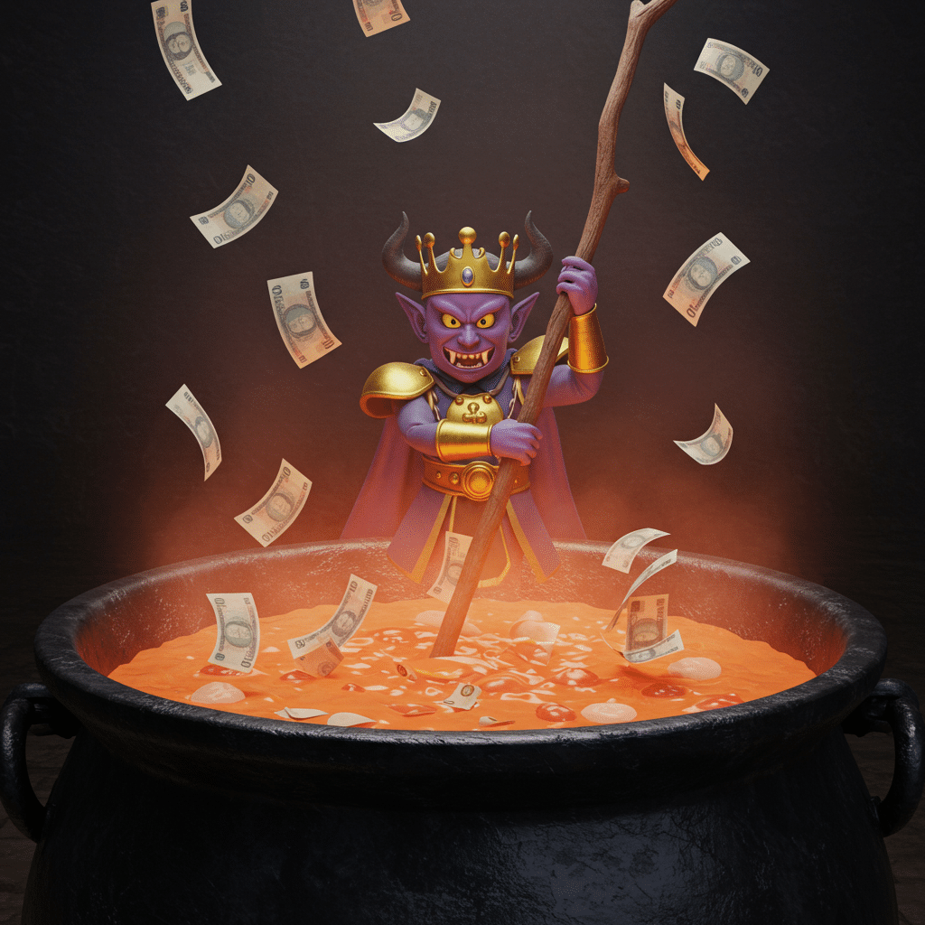 【心の魔物-組織図】大魔王はっぴゃくマンが大鍋の中に落ちてくる札束をドロドロに溶かしている画像。