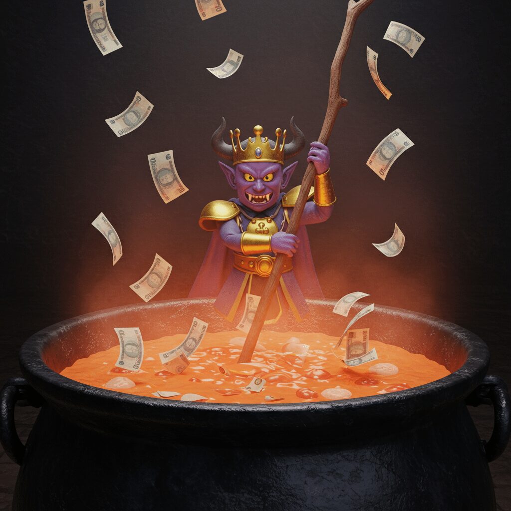 大魔王はっぴゃくマンが大鍋でお金を溶かしている画像